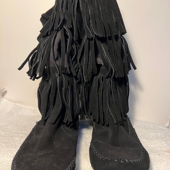 LC Lauren Conrad-Fringe Boots-Women's-3 Layers-Black Suede-Cloth under Fringe - Picture 7 of 14